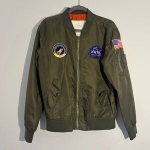 NASA Asstseries Military Bomber Jacket Army Green Pockets Full Zip Lined